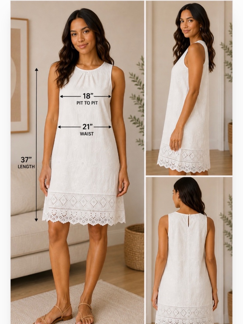 RD+Koko White Cotton Eyelet Embroidered Boho Sleeveless Dress - Size S
